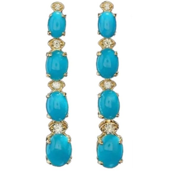 5.70Ct Natural Turquoise and Diamond 14K Solid Yellow Gold Earrings